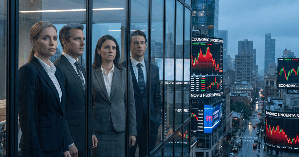 Silhouettes of financial professionals observing a turbulent global market landscape. The background features a cracked globe being squeezed by opposing hands labeled "U.S. Tariffs" and "Global Retaliation," symbolizing trade conflict. Below, 3D charts show falling red arrows for equities and rising green arrows for safe havens like gold coins. Two illuminated panels ask strategic questions about buying opportunities and sector winners.