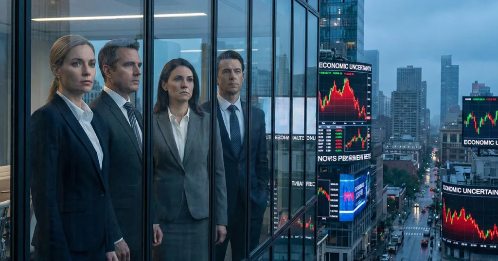 Silhouettes of financial professionals observing a turbulent global market landscape. The background features a cracked globe being squeezed by opposing hands labeled "U.S. Tariffs" and "Global Retaliation," symbolizing trade conflict. Below, 3D charts show falling red arrows for equities and rising green arrows for safe havens like gold coins. Two illuminated panels ask strategic questions about buying opportunities and sector winners.