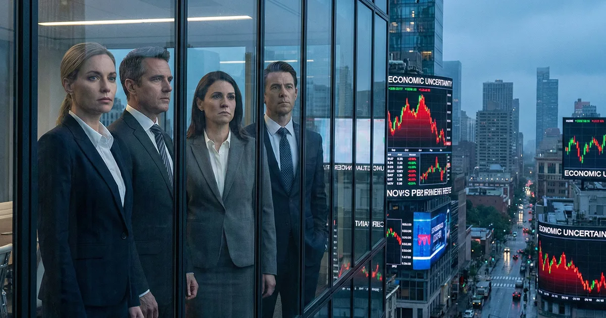 Silhouettes of financial professionals observing a turbulent global market landscape. The background features a cracked globe being squeezed by opposing hands labeled "U.S. Tariffs" and "Global Retaliation," symbolizing trade conflict. Below, 3D charts show falling red arrows for equities and rising green arrows for safe havens like gold coins. Two illuminated panels ask strategic questions about buying opportunities and sector winners.